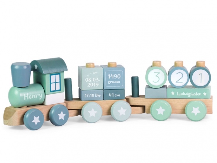 Holz Eisenbahn Zug - mit Geburtsdaten & Geburtsort blau personalisiert